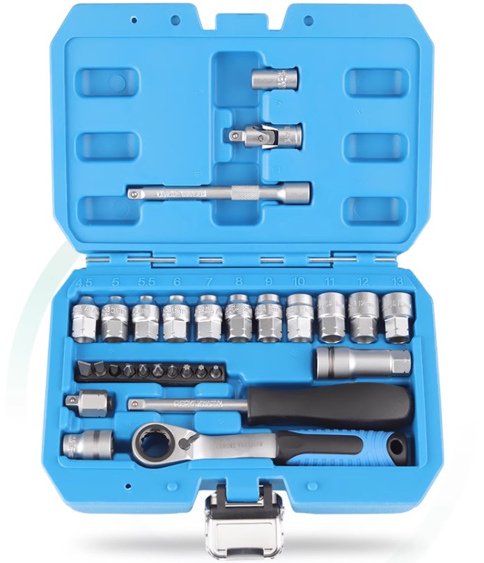 🔧📐Coffret douilles universel, cliquet angle réduit avec rallonge‑cardan, pour auto moto et meubles🚗✨